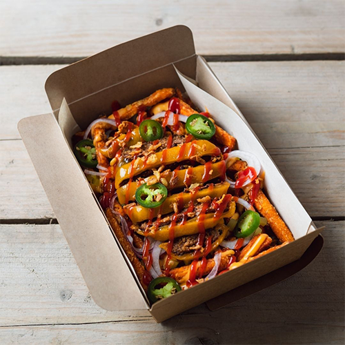 Loaded beyond box veggie with sweet potato fries