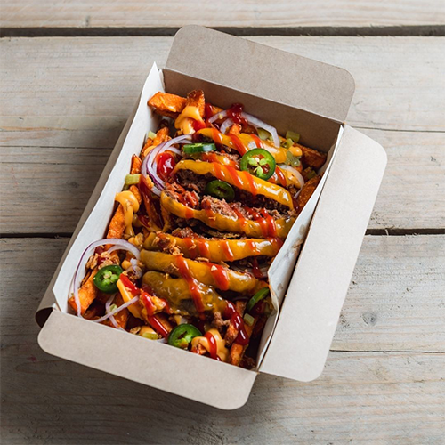 Loaded burger box with sweet potato fries