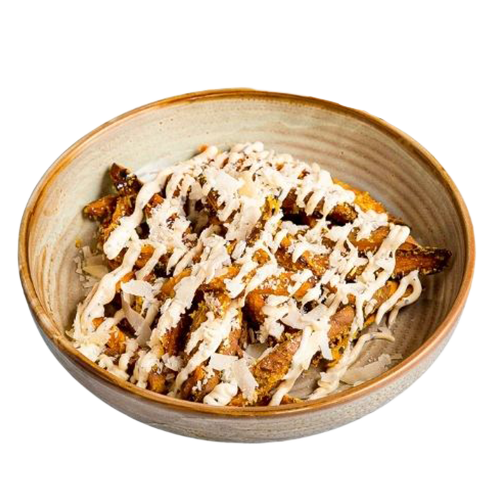 Zoete aardappel frites truffelcrème en Parmezaan