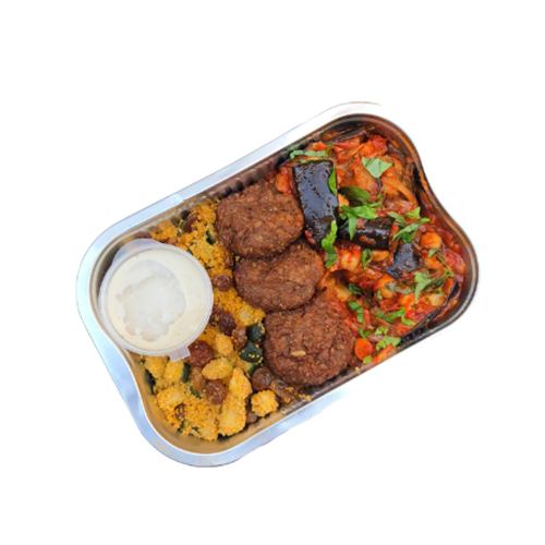 Oosterse auberginestoof met linzen falafel