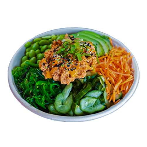 Spicy grilled salmon poké bowl