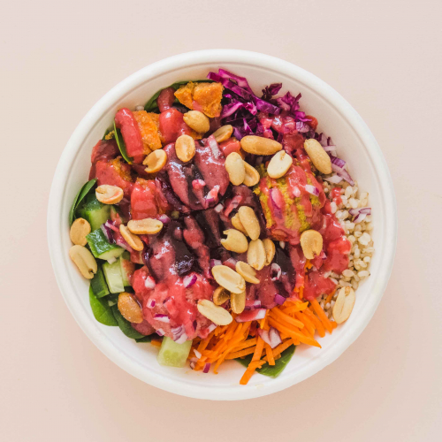 Pink peanut hummus bowl