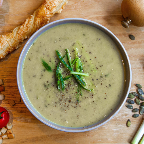 Zucchini green curry soup with coconut milk and coriander