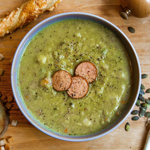 Dutch pea soup with smoked sausage and bacon