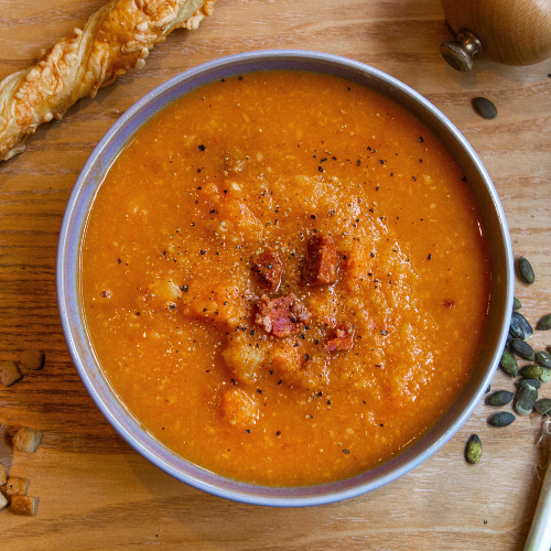 Celeriac soup with spicy chorizo and sweet potato