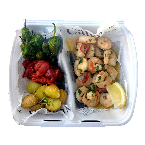 Gambas al ajillo with small potatoes