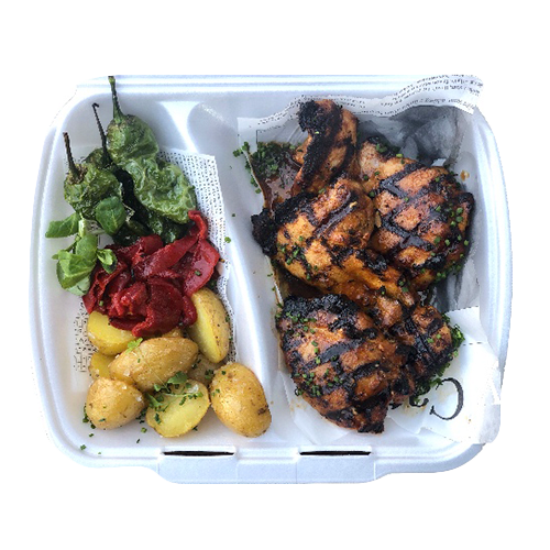 Pollo a la cerveza with small potatoes