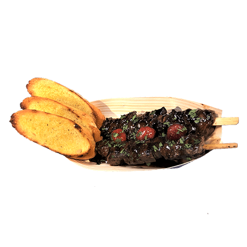 Argentinian beef skewers with a baguette and white truffle oil