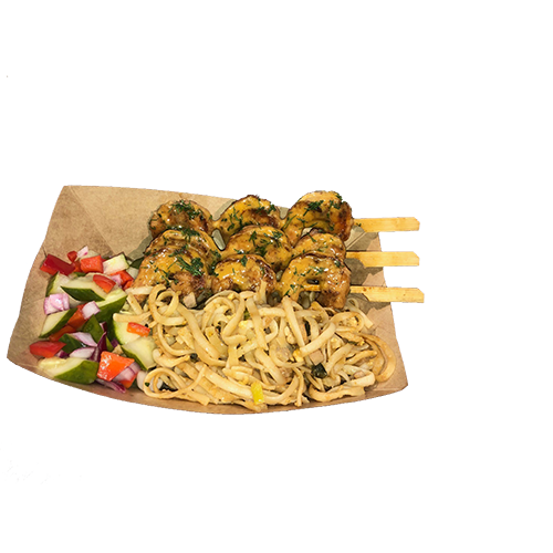 Jumbo shrimp skewers with noodles