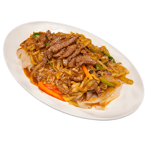 Rice noodles with rib-eye in sacha sauce