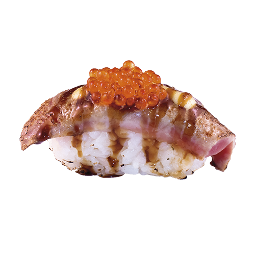 Flamed maguro ikura nigiri