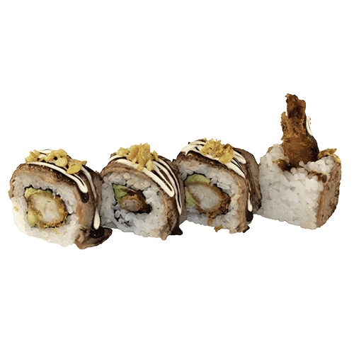 Geflambeerde beef-ebi uramaki
