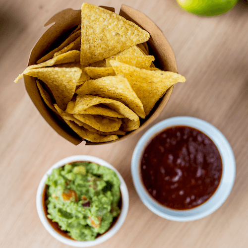 Nachos, guacamole and dip