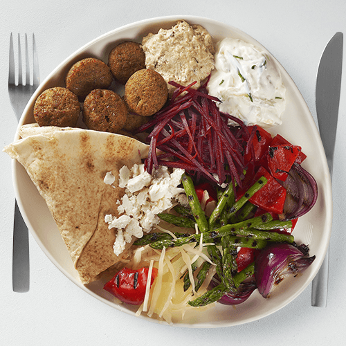 Lebanese wrap with falafel, grilled vegetables and feta