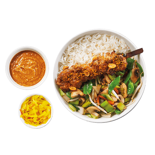 Chicken satay, with Chinese vegetables, satay sauce and atjar