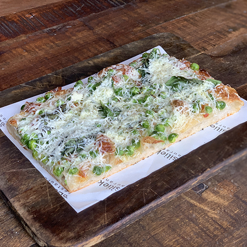 Pea and pecorino slice, bianca