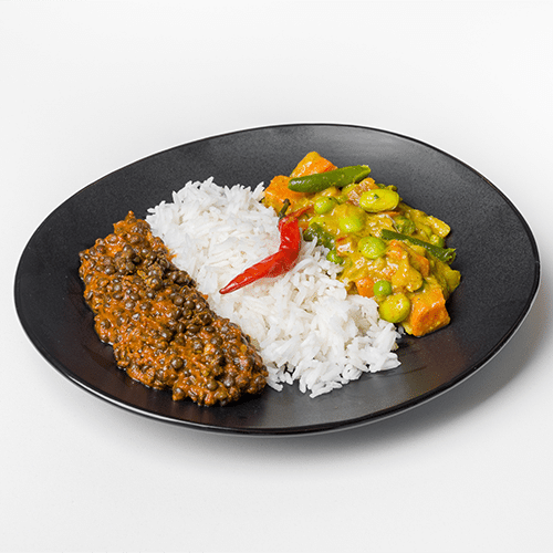 Vegan korma and lentil dahl