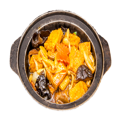 Vegan braised tofu and mushroom claypot