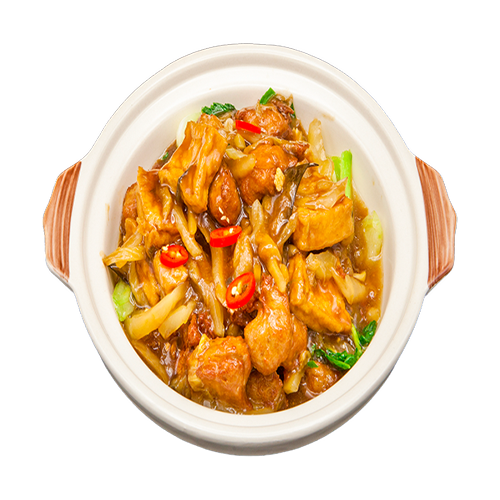 Vegetarian chicken with tofu, eggplant and pickled mustard greens