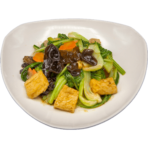 Vegan Chinese vegetables mix with tofu in vegan oyster sauce