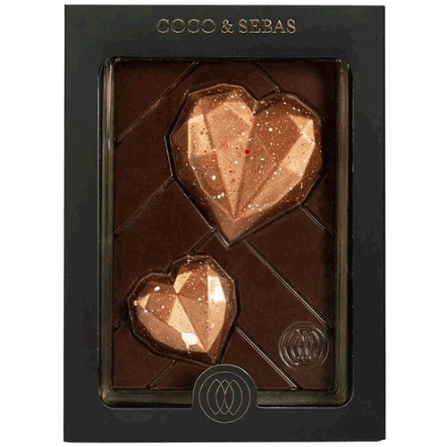 Love tablet - bronzen harten op plak pure chocolade