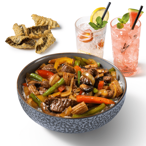 Beef black chilli, tempura crisps en drinken