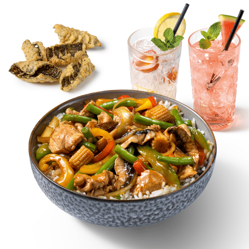 Chicken teriyaki, tempura crisps en drinken