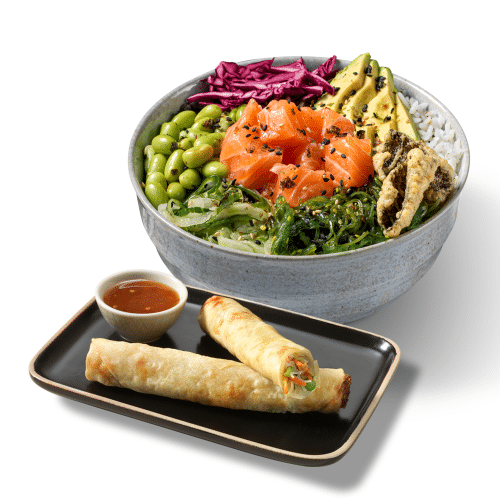 Poké bowl salmon en Vietnamese loempia's