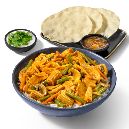 Menu chicken bombay curry en papadum