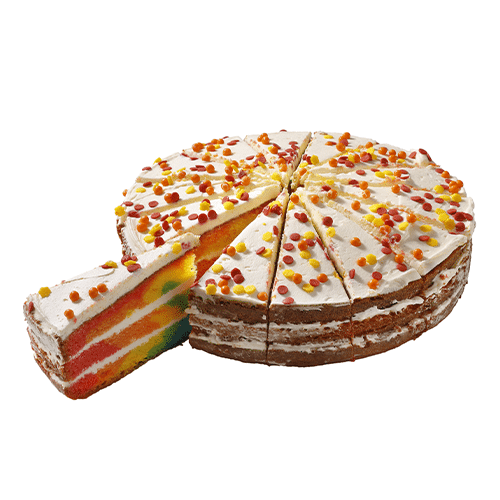 Rainbowcake gesneden