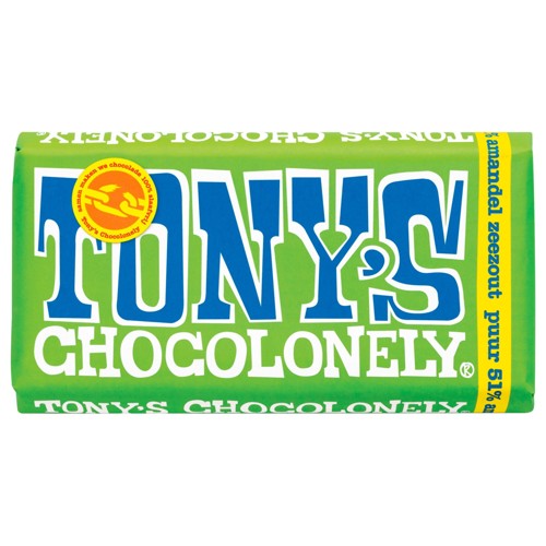 Tony's Chocolonely Amandel Zeezout Puur Chocolade reep 51% 180 g