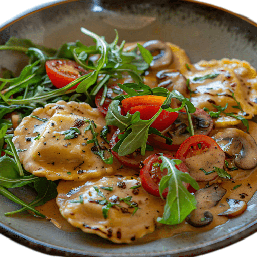 Ravioli al tartufo in salsa di funghi