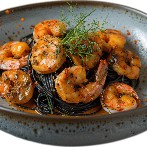 Spaghetti neri ai gamberi