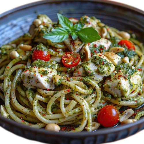 Spaghetti verdi alla pollo e pesto