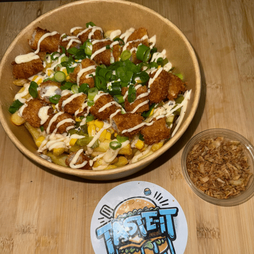 Loaded fries met gefrituurde gamba's