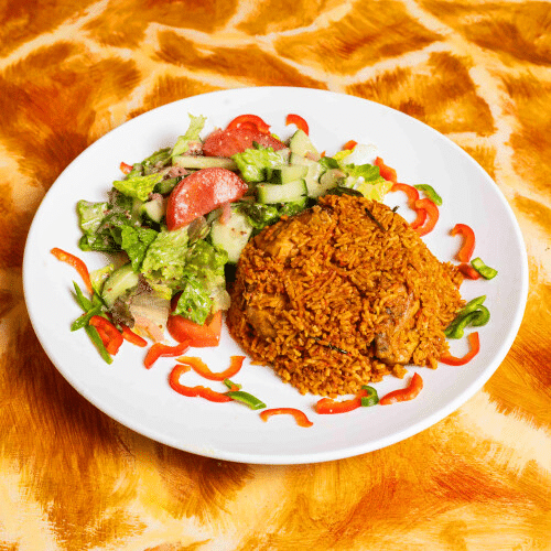 Jollof rijst met kip (pikant)