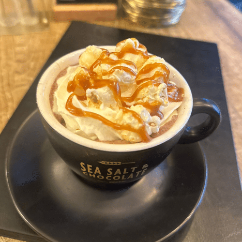 Hot Chocolate with Popcorn & Caramel Drizzle