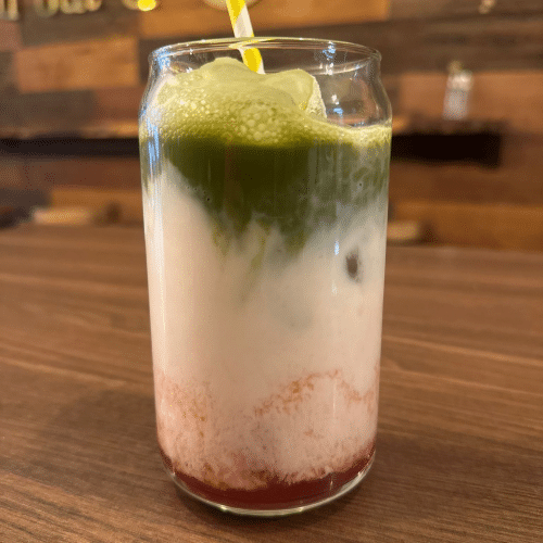 Iced strawberry matcha latte