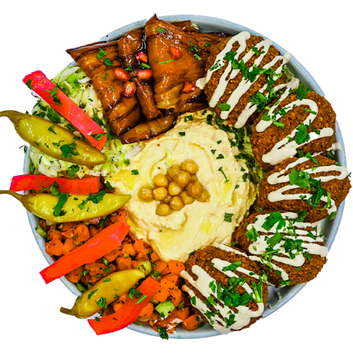 Falafel, hummus en aubergine plate