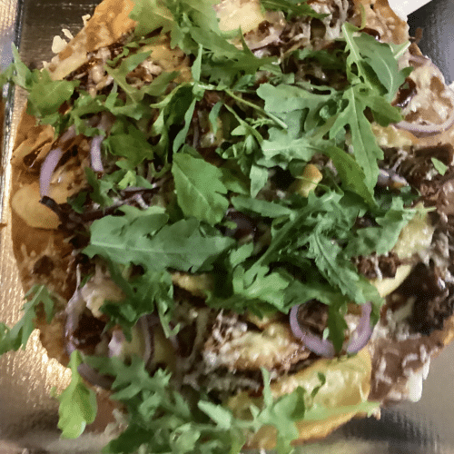 Loaded fries pulled pork pancake