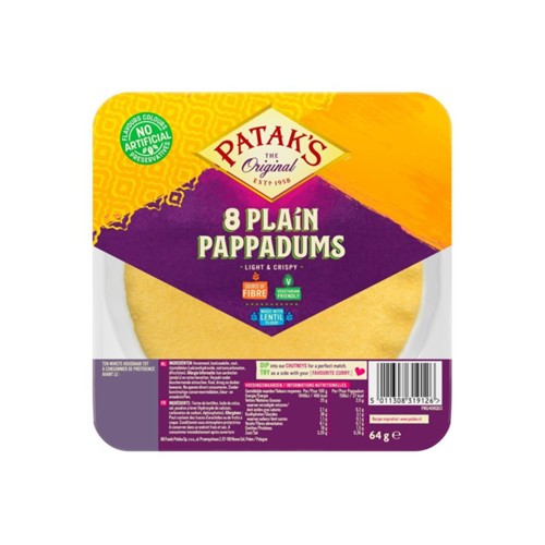 Patak's pappadums natural 8 stuks