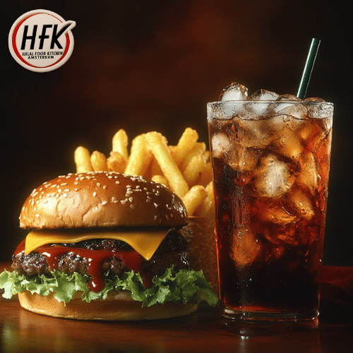 Hamburger met patat en een drankje