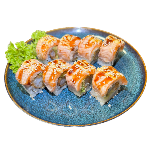 Geflambeerde zalm garnalen maki