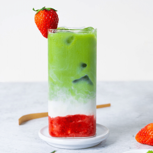 Strawberry almond iced matcha latte