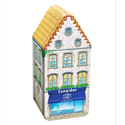 Metalen huisje met 250 gram gemengde Leonidas bonbons, alcoholvrij (afbeeldin gramkan afwijken)