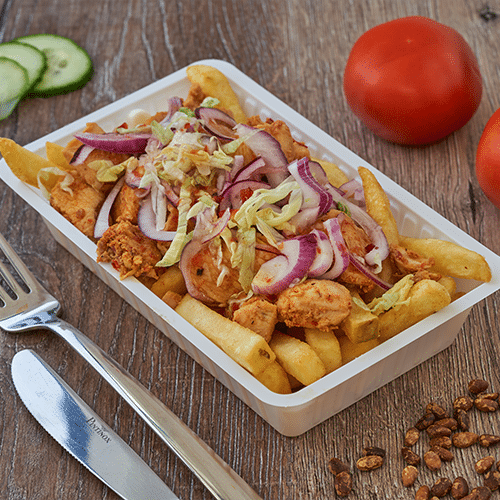 Portie friet hete kip