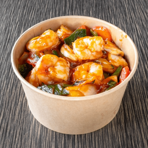 Box garnalen met zoetzure saus