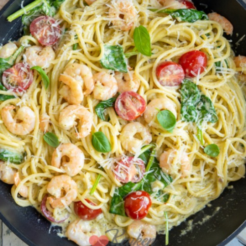 Pasta met garnalen en pesto