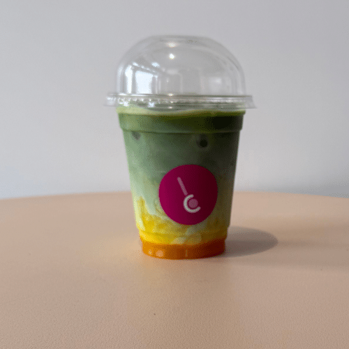 Matcha mango iced latte