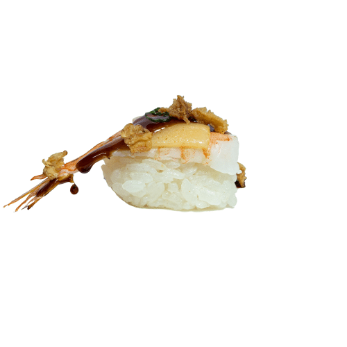 Flamed ebi cheese nigiri
